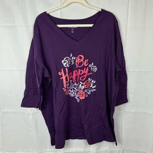 NWOT Woman Within 22/24 1X Be Happy Floral Purple Long Sleeve Tee Shirt Top